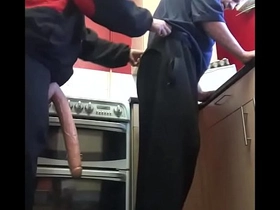 bisexual guy films himself getting his ass pegged with a large dildo by masked girlfriend in the kitchen